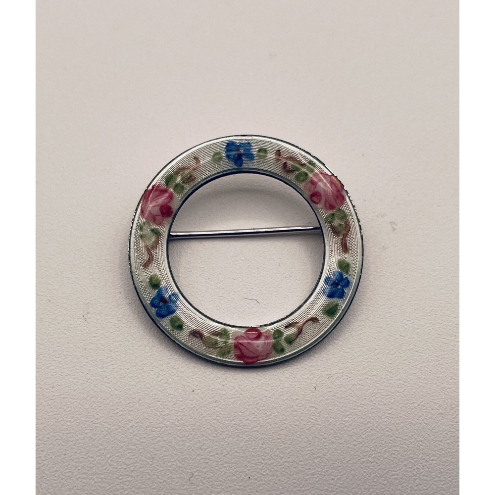 Lamode Round  Sterling Enamel Pin Signed Vintage French Guilloche